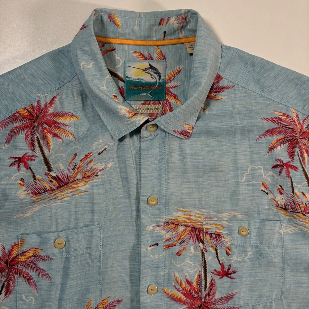 Tommy Bahama Island Modern Fit 100% Silk Shirt XL Blue Palm Tree‎ All Over AOP